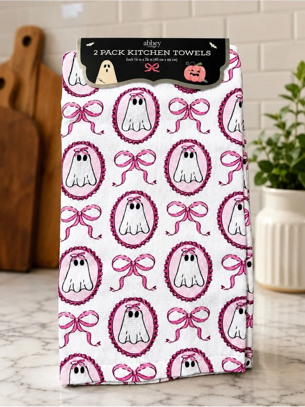 NWT Abbey Cottage Pink Ghost Kitchen Towel & XL Dish Drying Mat Set Halloween